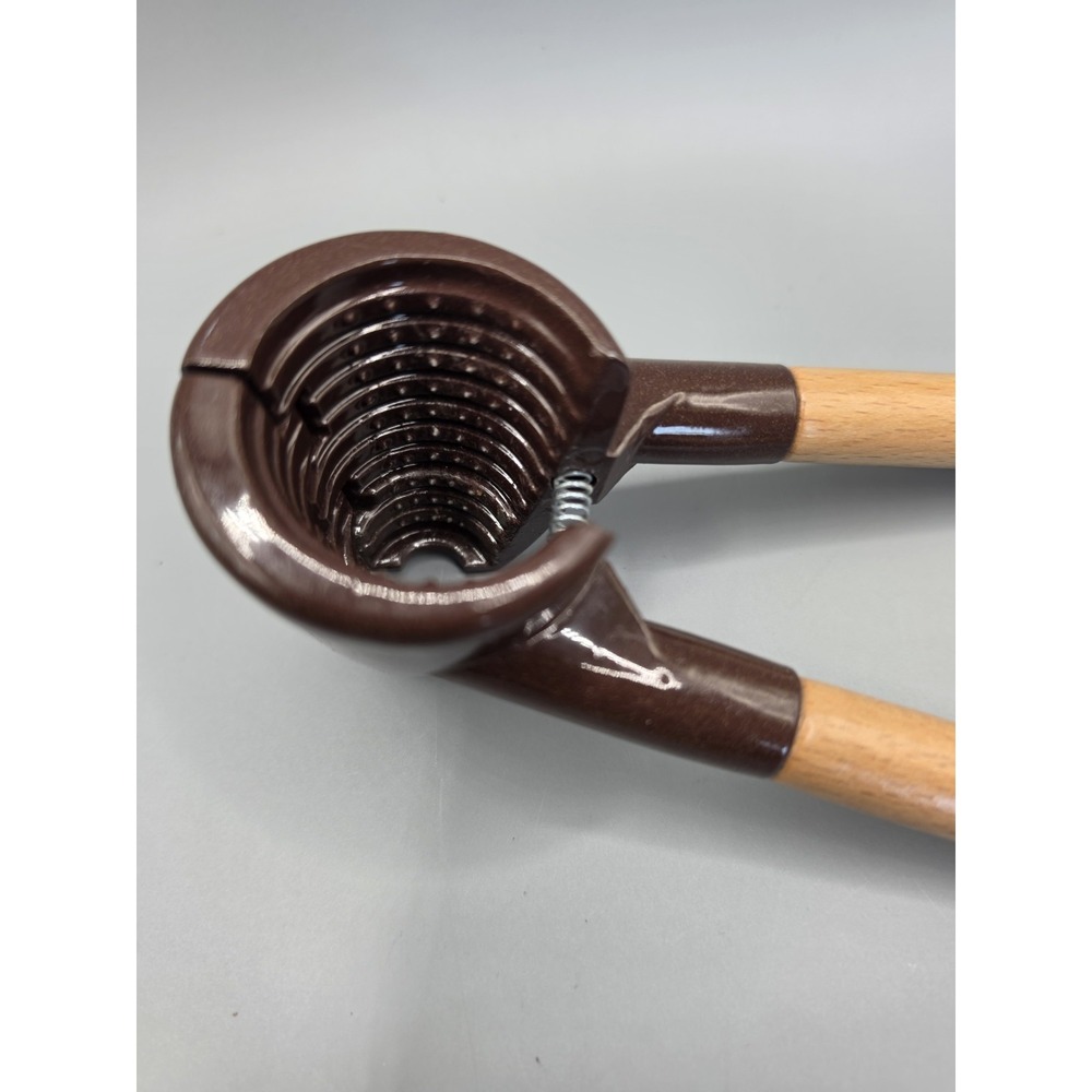 Vintage Spring Loaded Nutcracker Wood Handles Brown Metal Walnut Pecan Cracker